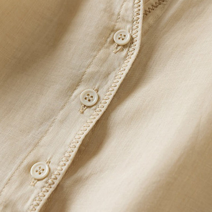 Koszula damska z bawełny i lnu z nadrukiem "Buddha Stones" w stylu retro, prosta, z imitacją dwóch części, zapinana na guziki i z krótkim rękawem - image 41