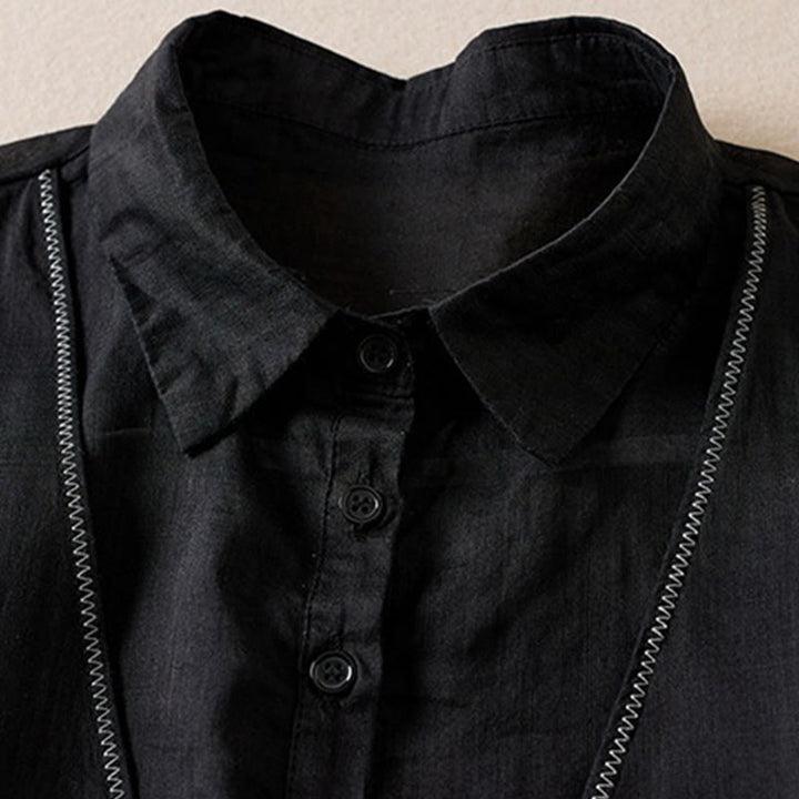 Koszula damska z bawełny i lnu z nadrukiem "Buddha Stones" w stylu retro, prosta, z imitacją dwóch części, zapinana na guziki i z krótkim rękawem - image 29