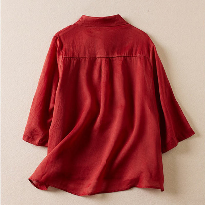 Koszula damska z bawełny i lnu z nadrukiem "Buddha Stones" w stylu retro, prosta, z imitacją dwóch części, zapinana na guziki i z krótkim rękawem - image 10