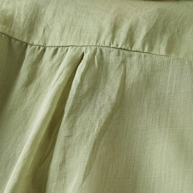 Koszula damska z bawełny i lnu z nadrukiem "Buddha Stones" w stylu retro, prosta, z imitacją dwóch części, zapinana na guziki i z krótkim rękawem - image 25