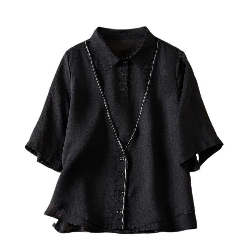 Koszula damska z bawełny i lnu z nadrukiem "Buddha Stones" w stylu retro, prosta, z imitacją dwóch części, zapinana na guziki i z krótkim rękawem - image 35