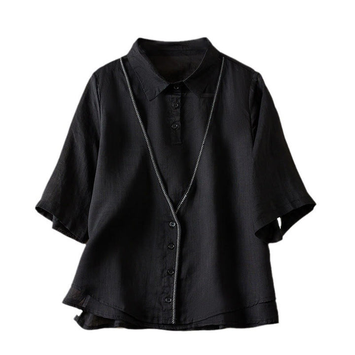 Koszula damska z bawełny i lnu z nadrukiem "Buddha Stones" w stylu retro, prosta, z imitacją dwóch części, zapinana na guziki i z krótkim rękawem - image 35