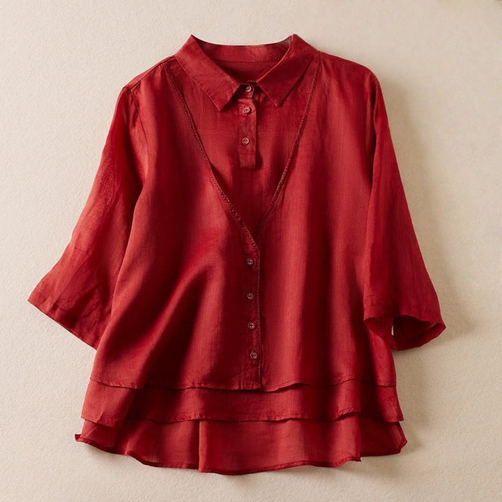 Koszula damska z bawełny i lnu z nadrukiem "Buddha Stones" w stylu retro, prosta, z imitacją dwóch części, zapinana na guziki i z krótkim rękawem - Karmazynowy - US12, UK/AU16, EU44 (2XL) - image 9