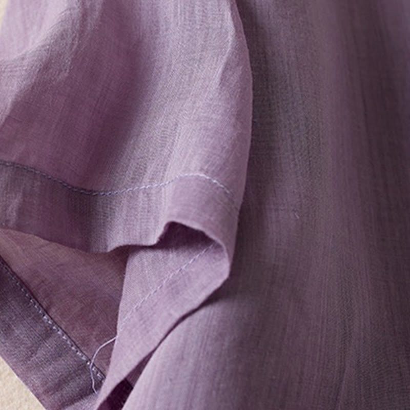 Koszula damska z bawełny i lnu z nadrukiem "Buddha Stones" w stylu retro, prosta, z imitacją dwóch części, zapinana na guziki i z krótkim rękawem - image 8