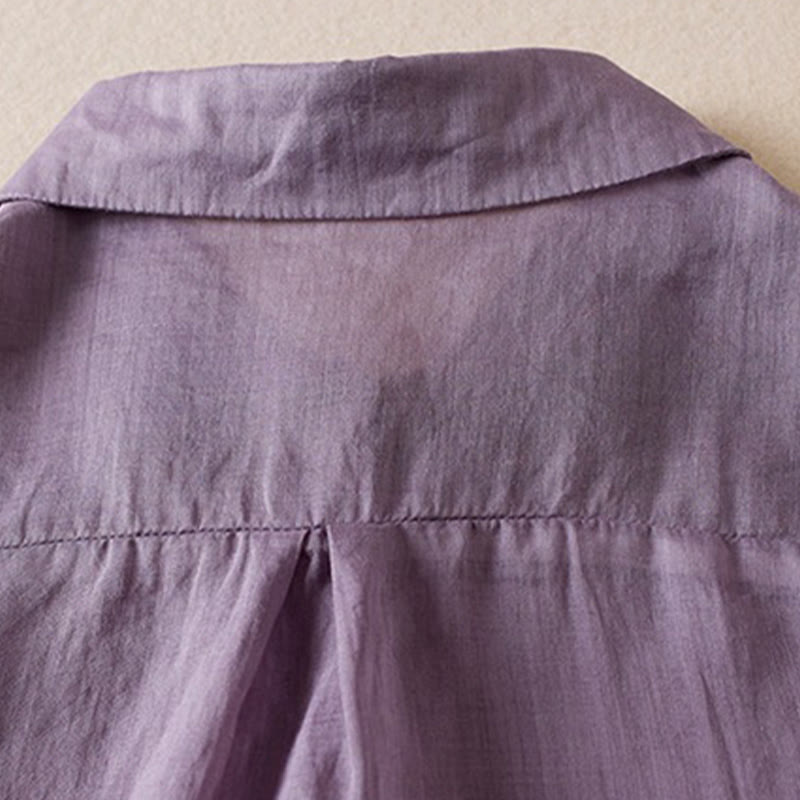 Koszula damska z bawełny i lnu z nadrukiem "Buddha Stones" w stylu retro, prosta, z imitacją dwóch części, zapinana na guziki i z krótkim rękawem - image 5