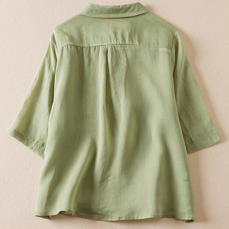 Koszula damska z bawełny i lnu z nadrukiem "Buddha Stones" w stylu retro, prosta, z imitacją dwóch części, zapinana na guziki i z krótkim rękawem - image 20