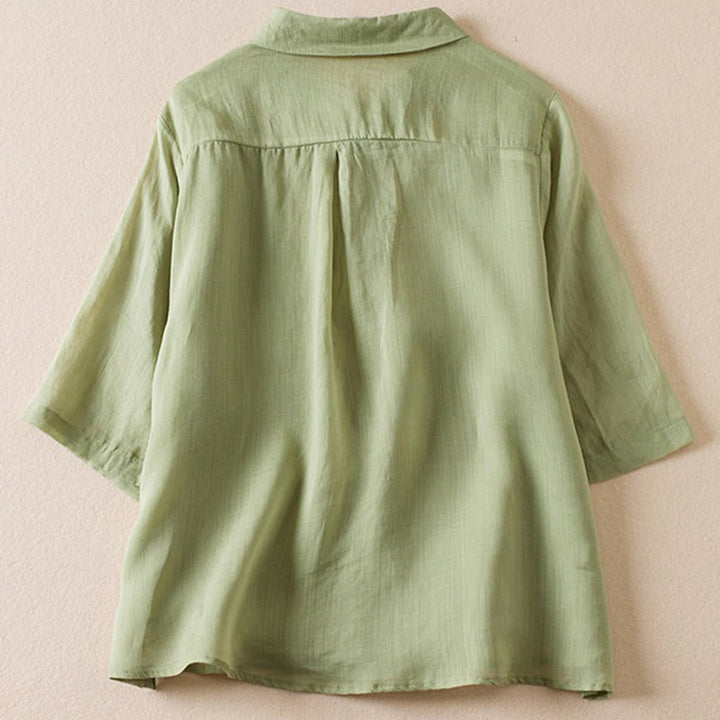 Koszula damska z bawełny i lnu z nadrukiem "Buddha Stones" w stylu retro, prosta, z imitacją dwóch części, zapinana na guziki i z krótkim rękawem - image 20