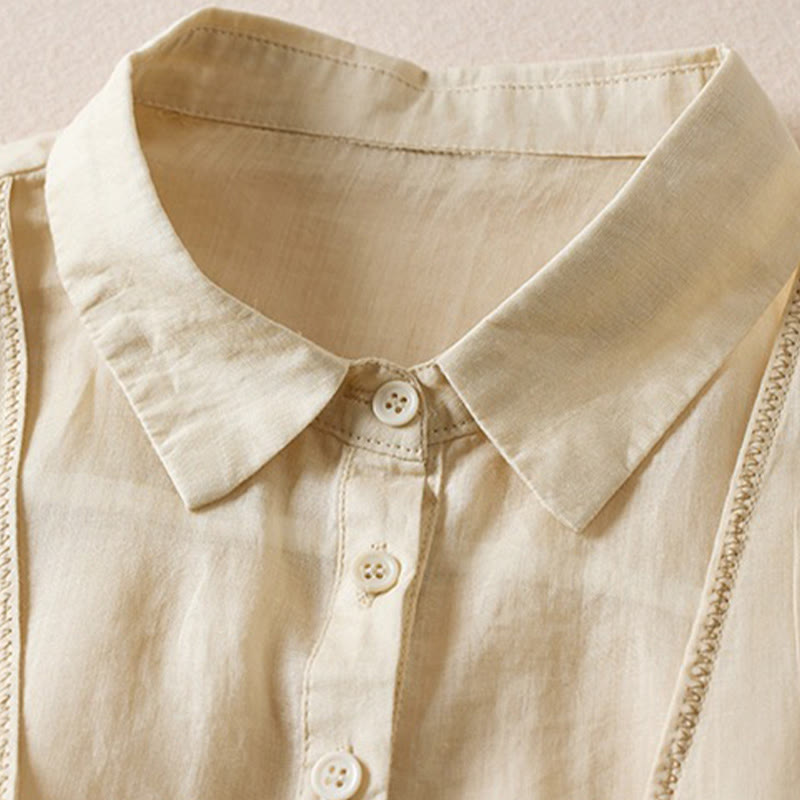 Koszula damska z bawełny i lnu z nadrukiem "Buddha Stones" w stylu retro, prosta, z imitacją dwóch części, zapinana na guziki i z krótkim rękawem - image 39