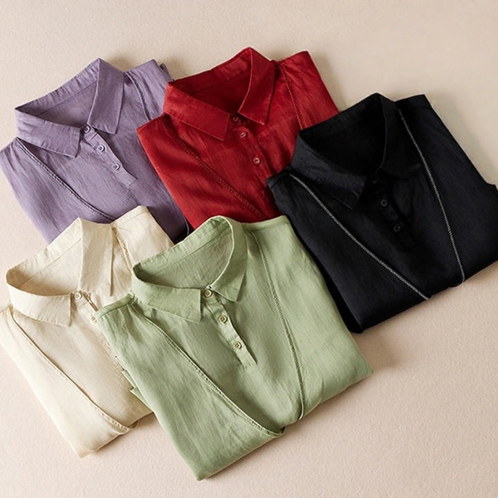 Koszula damska z bawełny i lnu z nadrukiem "Buddha Stones" w stylu retro, prosta, z imitacją dwóch części, zapinana na guziki i z krótkim rękawem - image 45