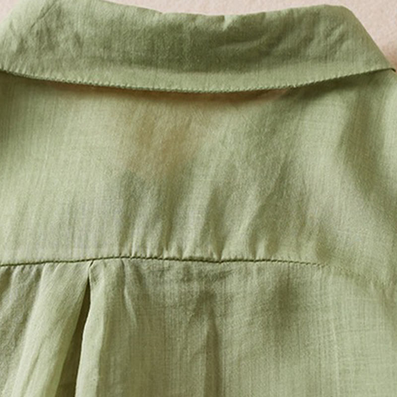 Koszula damska z bawełny i lnu z nadrukiem "Buddha Stones" w stylu retro, prosta, z imitacją dwóch części, zapinana na guziki i z krótkim rękawem - image 22