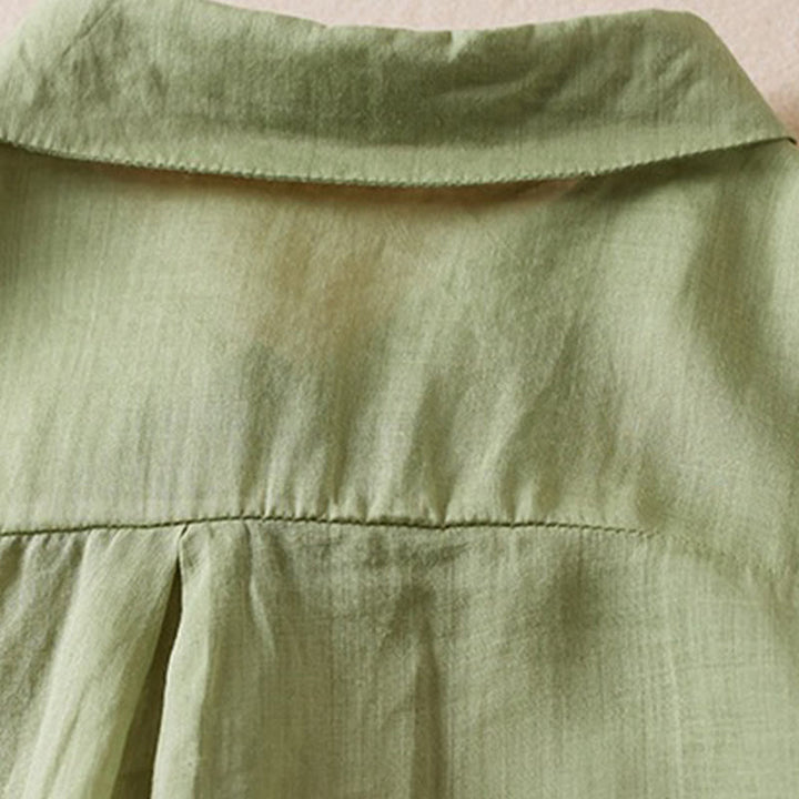 Koszula damska z bawełny i lnu z nadrukiem "Buddha Stones" w stylu retro, prosta, z imitacją dwóch części, zapinana na guziki i z krótkim rękawem - image 22