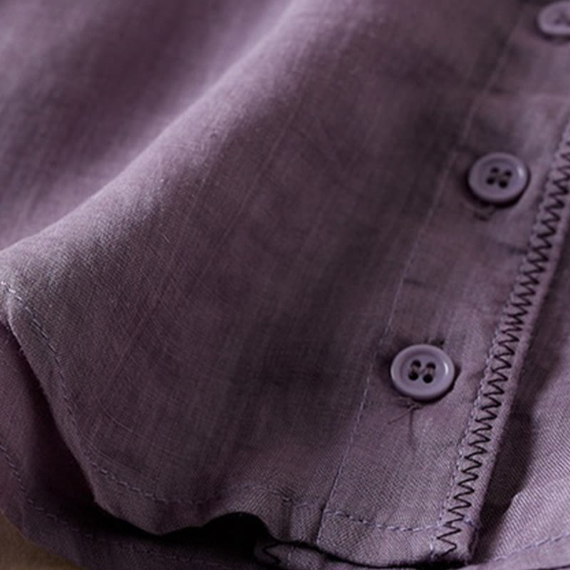 Koszula damska z bawełny i lnu z nadrukiem "Buddha Stones" w stylu retro, prosta, z imitacją dwóch części, zapinana na guziki i z krótkim rękawem - image 6