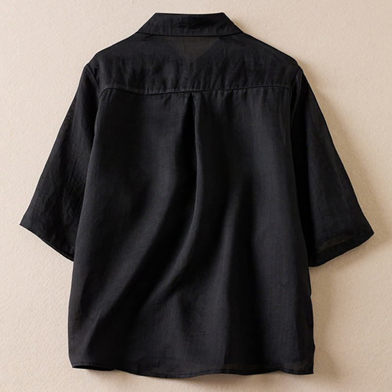 Koszula damska z bawełny i lnu z nadrukiem "Buddha Stones" w stylu retro, prosta, z imitacją dwóch części, zapinana na guziki i z krótkim rękawem - Czarny - US12, UK/AU16, EU44 (2XL) - image 28