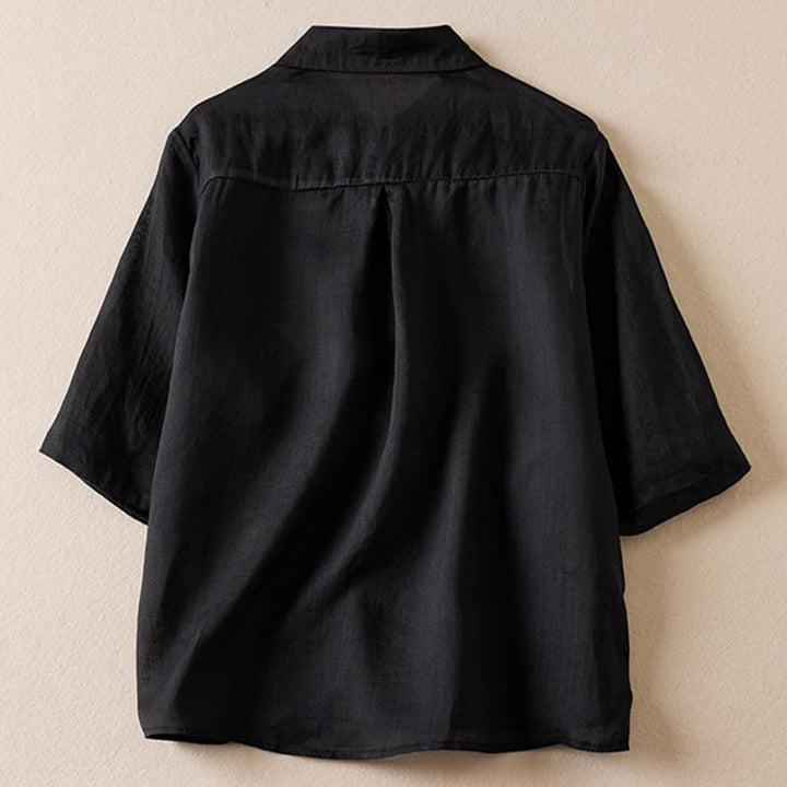 Koszula damska z bawełny i lnu z nadrukiem "Buddha Stones" w stylu retro, prosta, z imitacją dwóch części, zapinana na guziki i z krótkim rękawem - Czarny - US12, UK/AU16, EU44 (2XL) - image 28