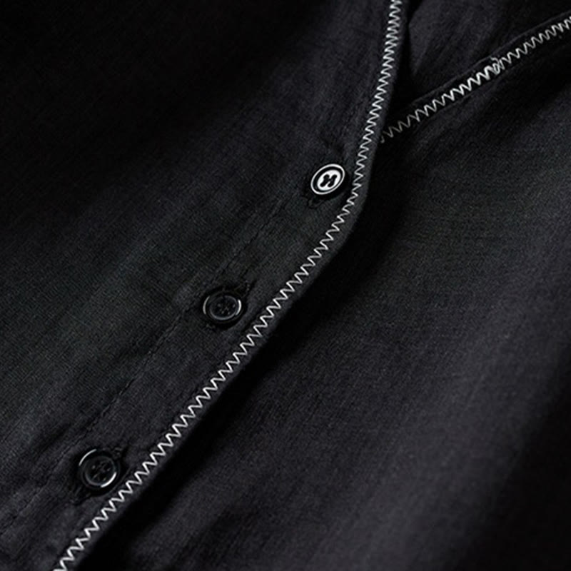 Koszula damska z bawełny i lnu z nadrukiem "Buddha Stones" w stylu retro, prosta, z imitacją dwóch części, zapinana na guziki i z krótkim rękawem - image 32