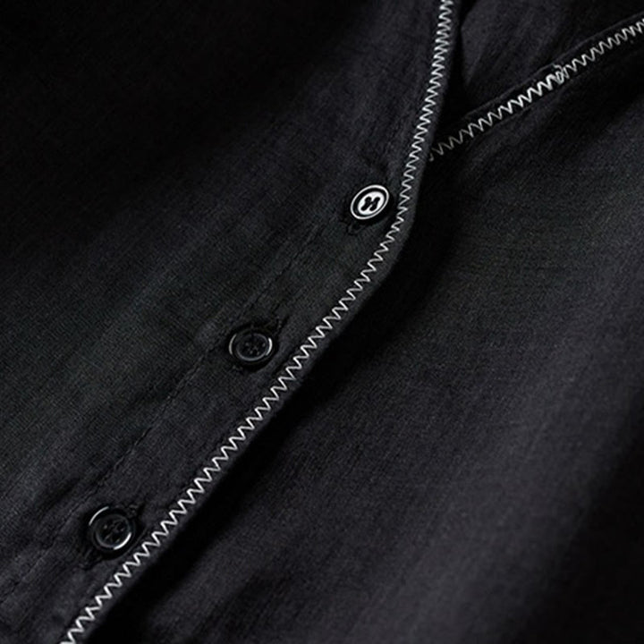 Koszula damska z bawełny i lnu z nadrukiem "Buddha Stones" w stylu retro, prosta, z imitacją dwóch części, zapinana na guziki i z krótkim rękawem - image 32