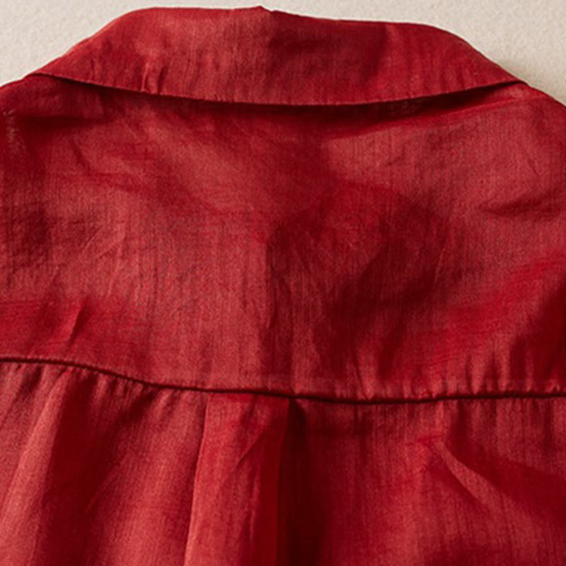 Koszula damska z bawełny i lnu z nadrukiem "Buddha Stones" w stylu retro, prosta, z imitacją dwóch części, zapinana na guziki i z krótkim rękawem - image 12