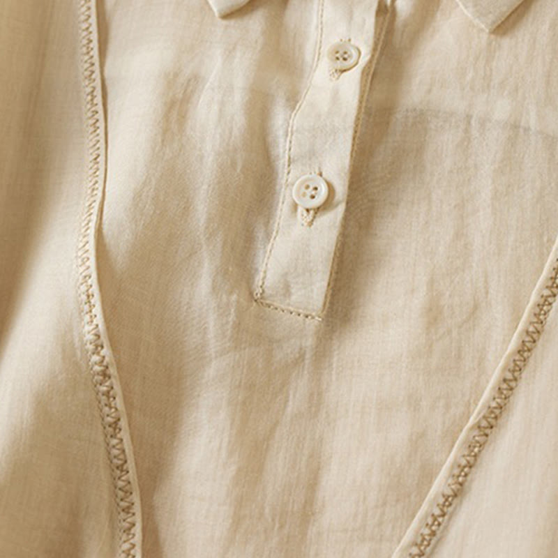 Koszula damska z bawełny i lnu z nadrukiem "Buddha Stones" w stylu retro, prosta, z imitacją dwóch części, zapinana na guziki i z krótkim rękawem - image 38