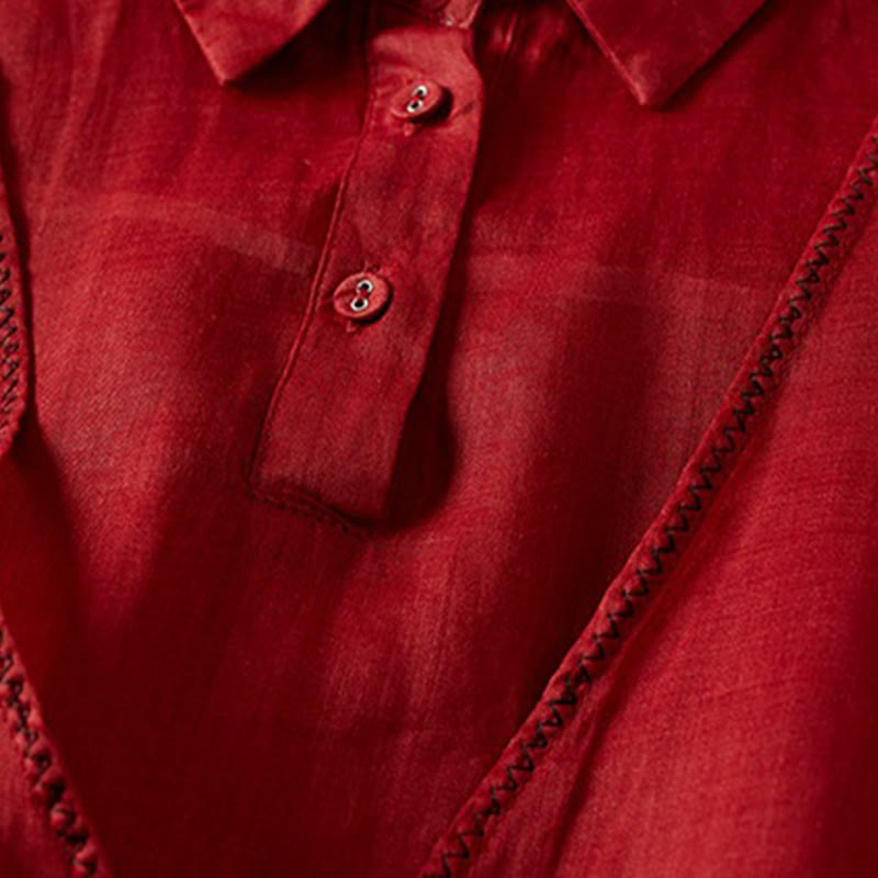 Koszula damska z bawełny i lnu z nadrukiem "Buddha Stones" w stylu retro, prosta, z imitacją dwóch części, zapinana na guziki i z krótkim rękawem - image 16