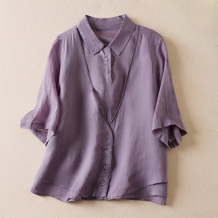 Koszula damska z bawełny i lnu z nadrukiem "Buddha Stones" w stylu retro, prosta, z imitacją dwóch części, zapinana na guziki i z krótkim rękawem - MediumOrchid - US12, UK/AU16, EU44 (2XL) - image 1