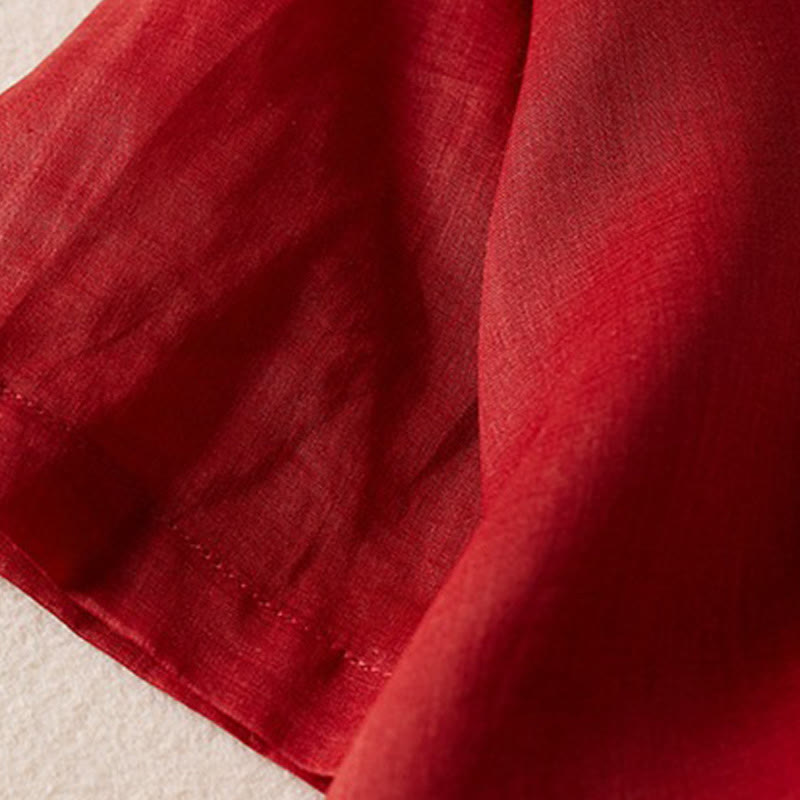 Koszula damska z bawełny i lnu z nadrukiem "Buddha Stones" w stylu retro, prosta, z imitacją dwóch części, zapinana na guziki i z krótkim rękawem - image 17