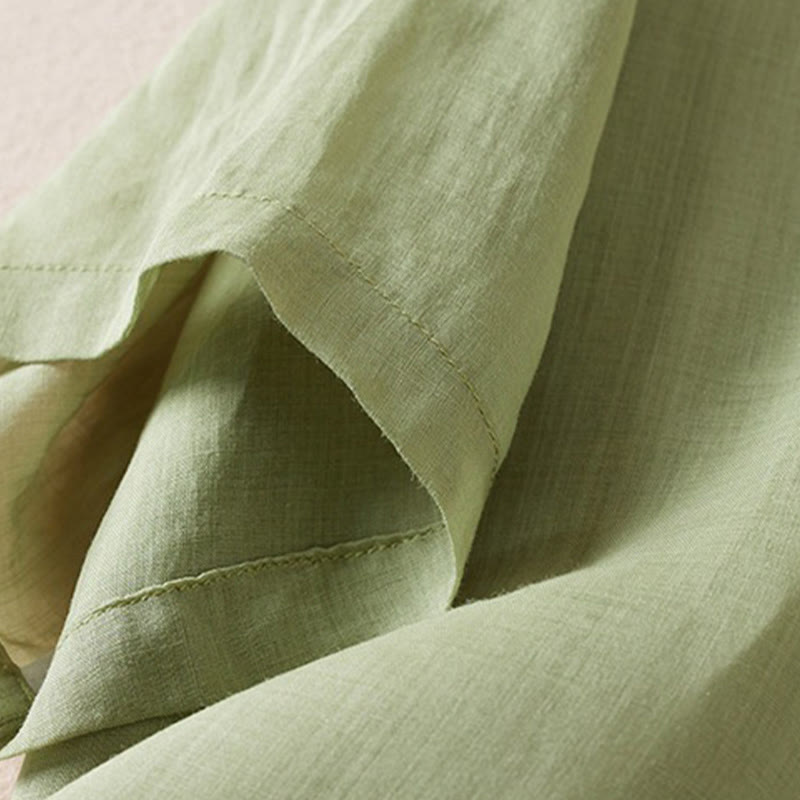 Koszula damska z bawełny i lnu z nadrukiem "Buddha Stones" w stylu retro, prosta, z imitacją dwóch części, zapinana na guziki i z krótkim rękawem - image 26