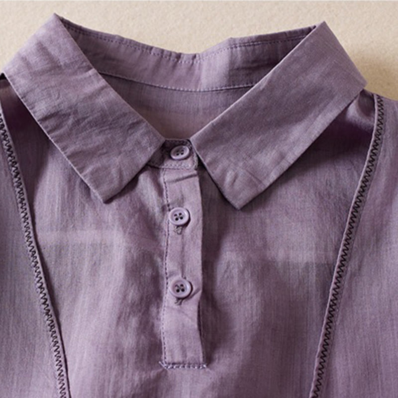 Koszula damska z bawełny i lnu z nadrukiem "Buddha Stones" w stylu retro, prosta, z imitacją dwóch części, zapinana na guziki i z krótkim rękawem - image 3