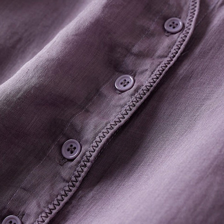 Koszula damska z bawełny i lnu z nadrukiem "Buddha Stones" w stylu retro, prosta, z imitacją dwóch części, zapinana na guziki i z krótkim rękawem - image 7