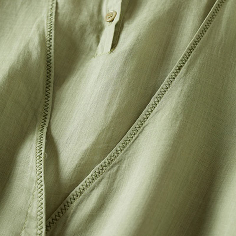 Koszula damska z bawełny i lnu z nadrukiem "Buddha Stones" w stylu retro, prosta, z imitacją dwóch części, zapinana na guziki i z krótkim rękawem - image 23