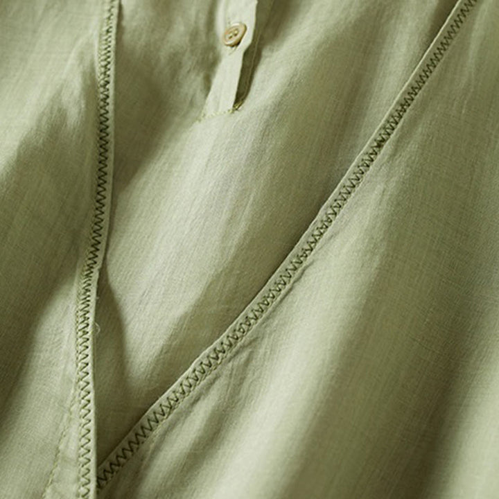 Koszula damska z bawełny i lnu z nadrukiem "Buddha Stones" w stylu retro, prosta, z imitacją dwóch części, zapinana na guziki i z krótkim rękawem - image 23