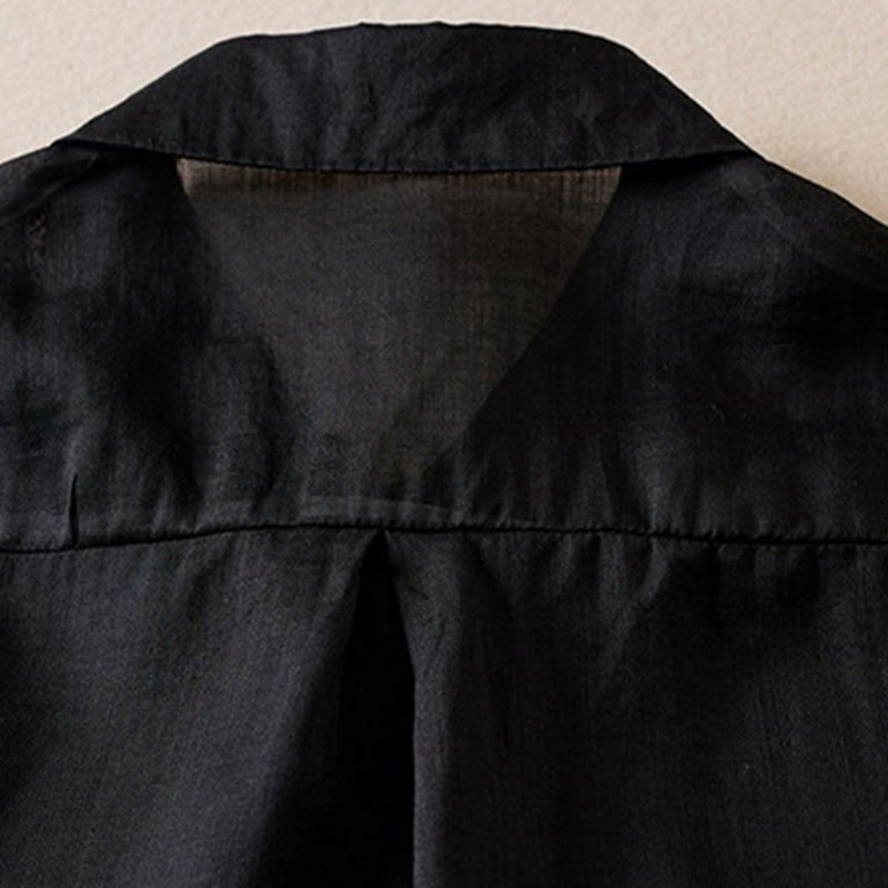 Koszula damska z bawełny i lnu z nadrukiem "Buddha Stones" w stylu retro, prosta, z imitacją dwóch części, zapinana na guziki i z krótkim rękawem - image 30