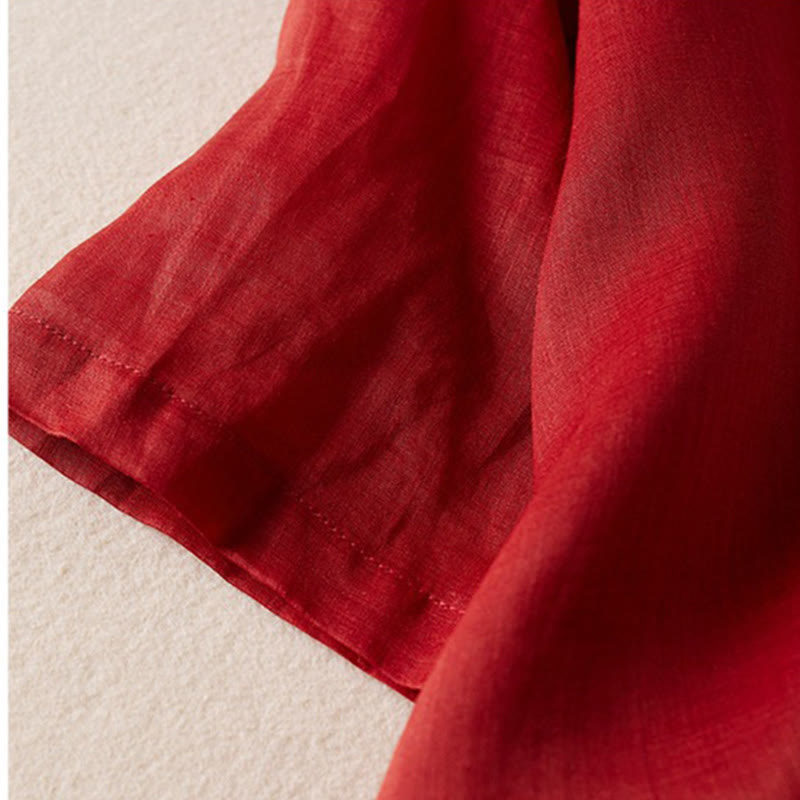 Koszula damska z bawełny i lnu z nadrukiem "Buddha Stones" w stylu retro, prosta, z imitacją dwóch części, zapinana na guziki i z krótkim rękawem - image 13