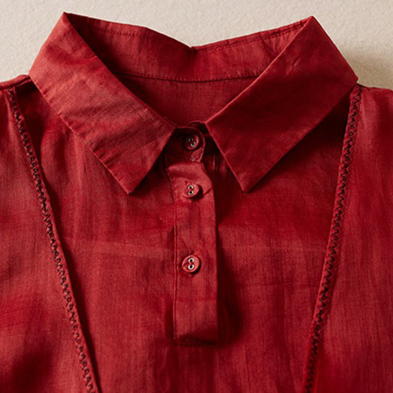 Koszula damska z bawełny i lnu z nadrukiem "Buddha Stones" w stylu retro, prosta, z imitacją dwóch części, zapinana na guziki i z krótkim rękawem - image 11