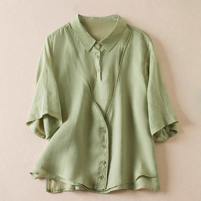 Koszula damska z bawełny i lnu z nadrukiem "Buddha Stones" w stylu retro, prosta, z imitacją dwóch części, zapinana na guziki i z krótkim rękawem - Jasnozielony - US12, UK/AU16, EU44 (2XL) - image 19