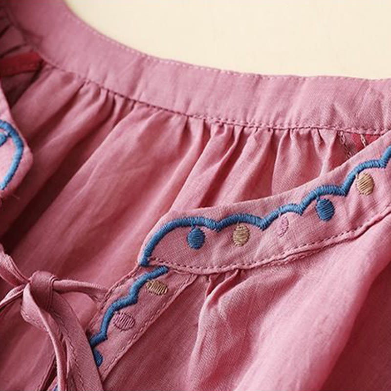 Letnia koszulka damska z bawełny i lnu z haftem "Buddha Stones" i rękawami typu "lattern" - image 12