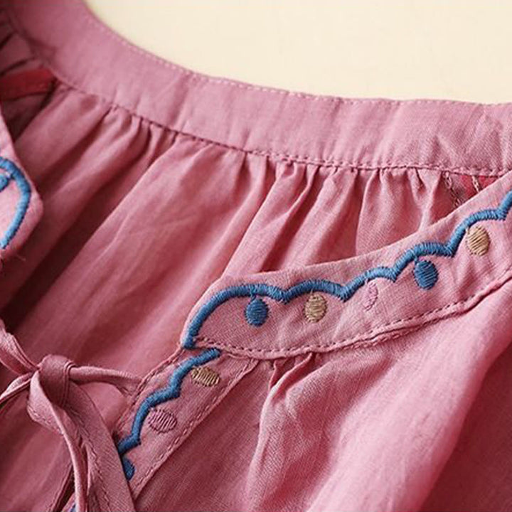 Letnia koszulka damska z bawełny i lnu z haftem "Buddha Stones" i rękawami typu "lattern" - image 12