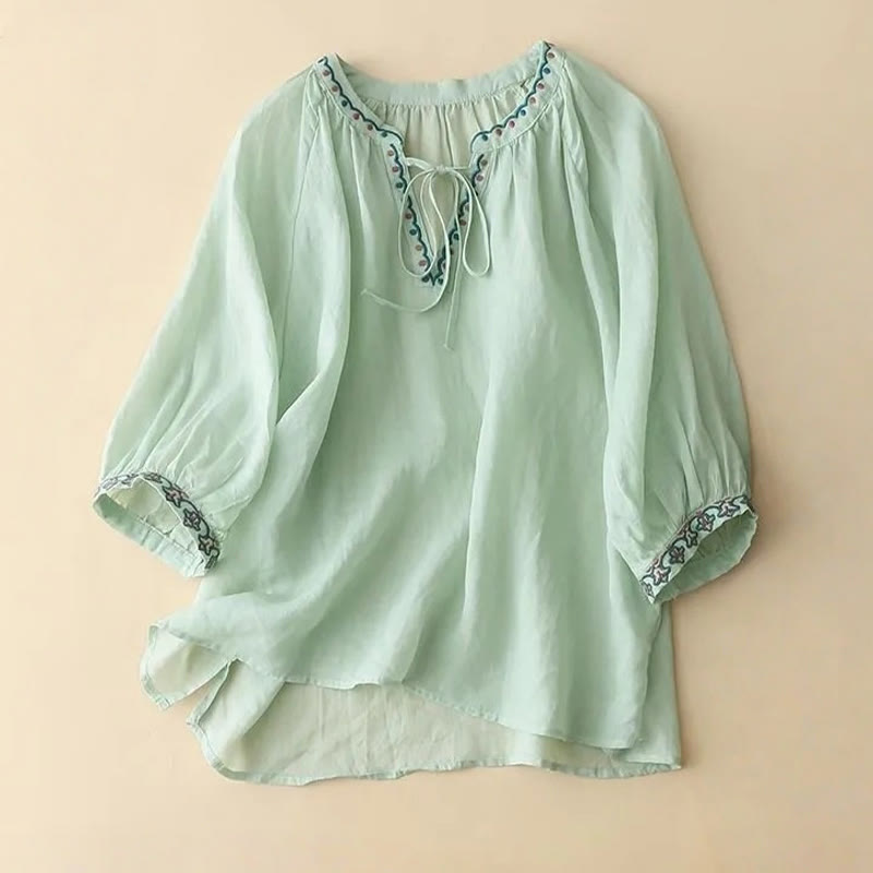 Letnia koszulka damska z bawełny i lnu z haftem "Buddha Stones" i rękawami typu "lattern" - Akwamaryn - US14, UK/AU18, EU46 (3XL) - image 0