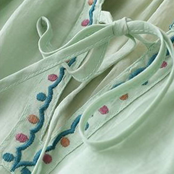 Letnia koszulka damska z bawełny i lnu z haftem "Buddha Stones" i rękawami typu "lattern" - image 2