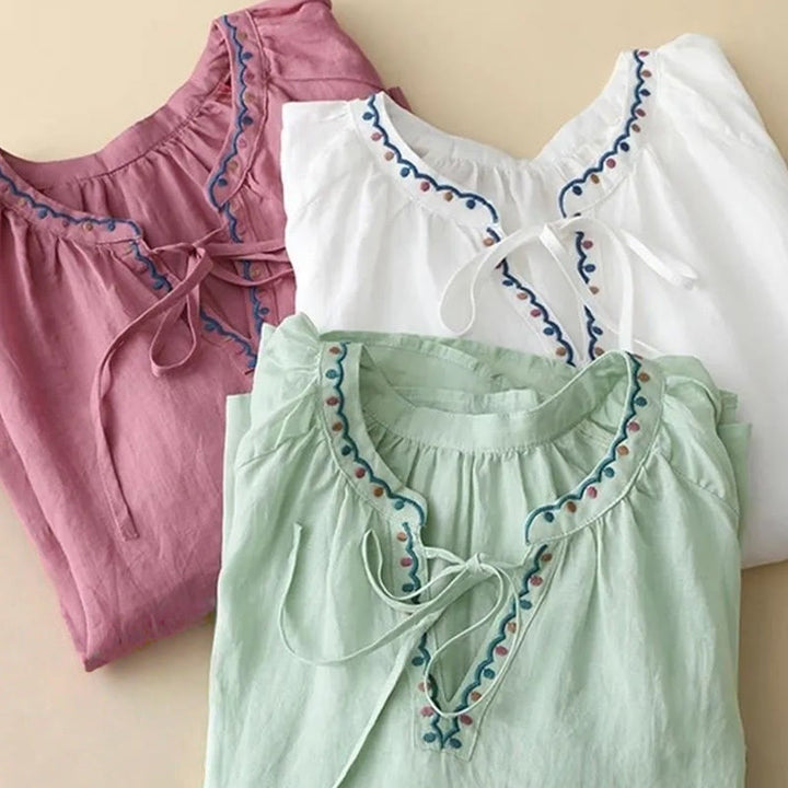 Letnia koszulka damska z bawełny i lnu z haftem "Buddha Stones" i rękawami typu "lattern" - image 16