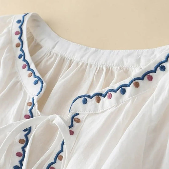 Letnia koszulka damska z bawełny i lnu z haftem "Buddha Stones" i rękawami typu "lattern" - image 7