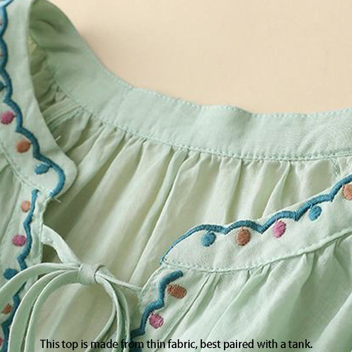 Letnia koszulka damska z bawełny i lnu z haftem "Buddha Stones" i rękawami typu "lattern" - image 1