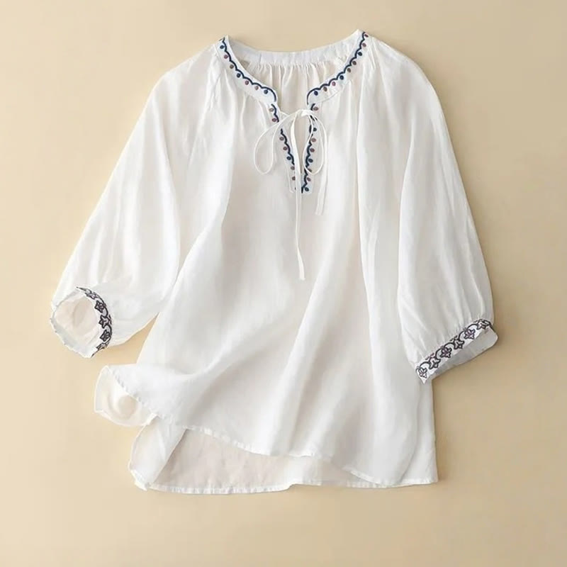 Letnia koszulka damska z bawełny i lnu z haftem "Buddha Stones" i rękawami typu "lattern" - Biały - US14, UK/AU18, EU46 (3XL) - image 4