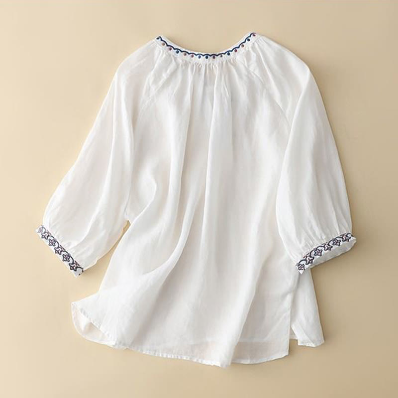 Letnia koszulka damska z bawełny i lnu z haftem "Buddha Stones" i rękawami typu "lattern" - image 6