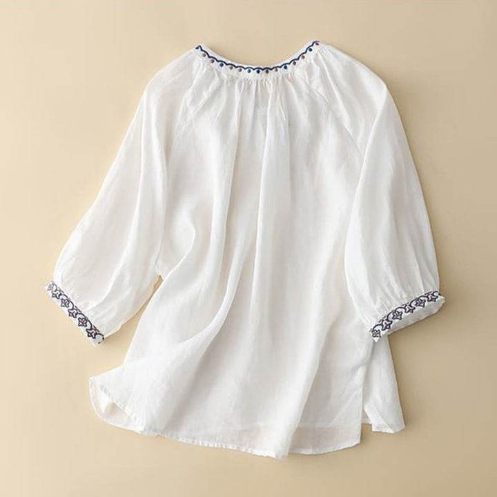 Letnia koszulka damska z bawełny i lnu z haftem "Buddha Stones" i rękawami typu "lattern" - image 6