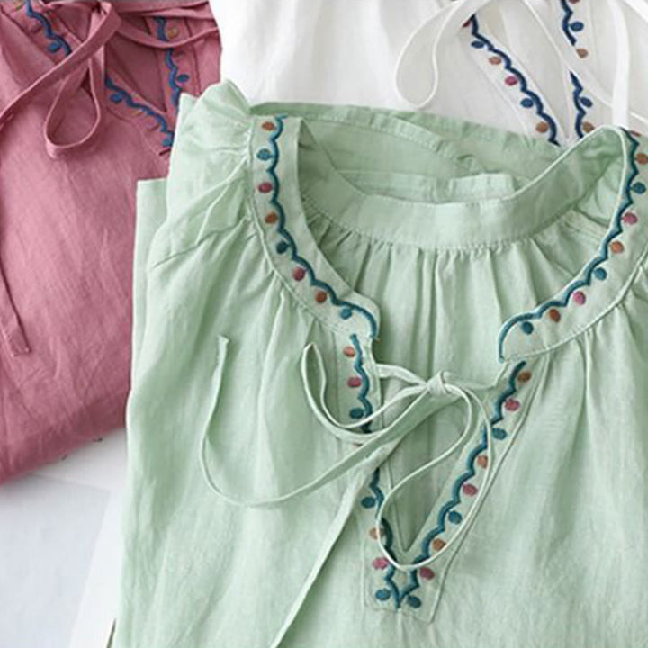 Letnia koszulka damska z bawełny i lnu z haftem "Buddha Stones" i rękawami typu "lattern" - image 17