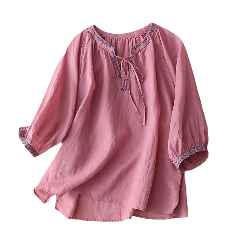 Letnia koszulka damska z bawełny i lnu z haftem "Buddha Stones" i rękawami typu "lattern" - image 15