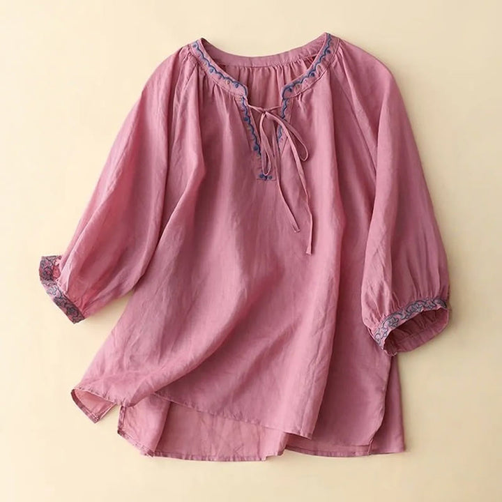 Letnia koszulka damska z bawełny i lnu z haftem "Buddha Stones" i rękawami typu "lattern" - Bladofioletowoczerwony - US14, UK/AU18, EU46 (3XL) - image 11