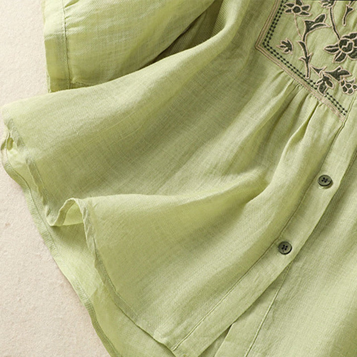 Koszula damska z bawełny i lnu z haftem "Buddha Stones" i jednym rękawem w stylu "trzy czwarte" - image 6