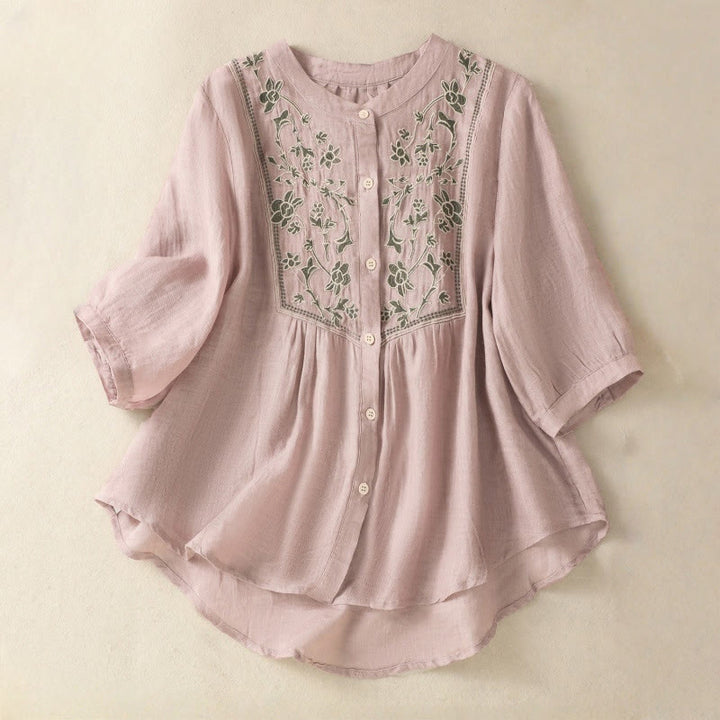 Koszula damska z bawełny i lnu z haftem "Buddha Stones" i jednym rękawem w stylu "trzy czwarte" - RosyBrown - US12, UK/AU16, EU44 (2XL) - image 10