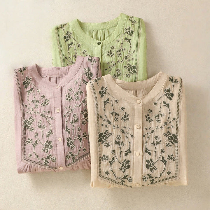 Koszula damska z bawełny i lnu z haftem "Buddha Stones" i jednym rękawem w stylu "trzy czwarte" - image 26